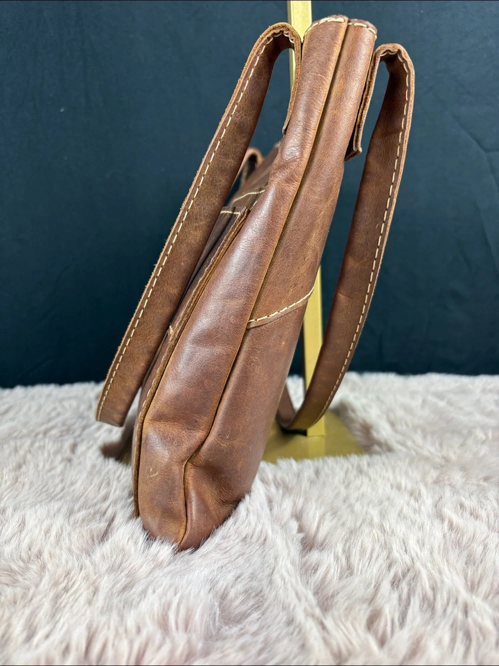 Leather Shoulder Tote Bag Brown Vintage Distressed Minimalist Hobo